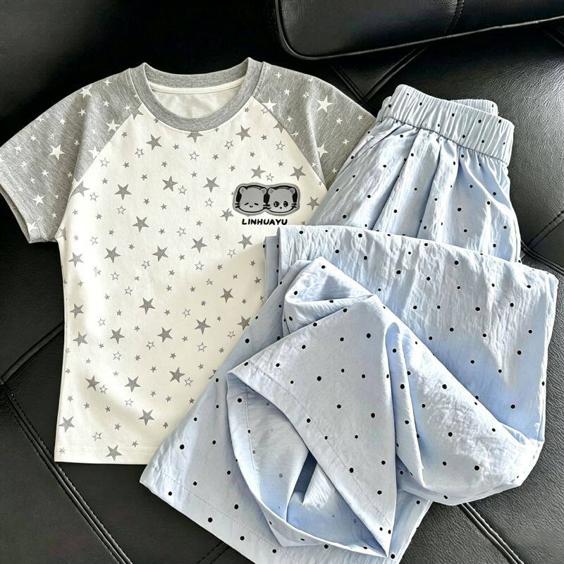 女童夏季韩系休闲裤套装上衣高腰波点显瘦裤子短袖中大童两件套女图片