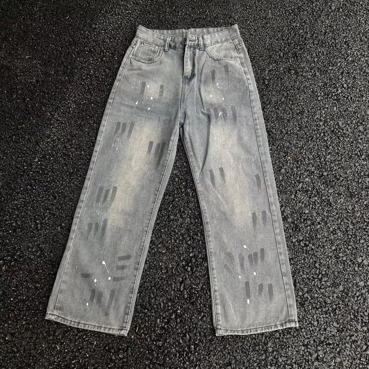 美式高街复古泼墨牛仔裤男童潮流新款休闲裤男生水洗直筒长裤子男