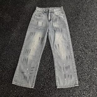 美式高街复古泼墨牛仔裤男童潮流新款休闲裤男生水洗直筒长裤子男