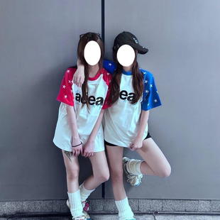 国潮美式星星撞色拼接字母插肩袖短袖t恤女夏季新款宽松童装上衣
