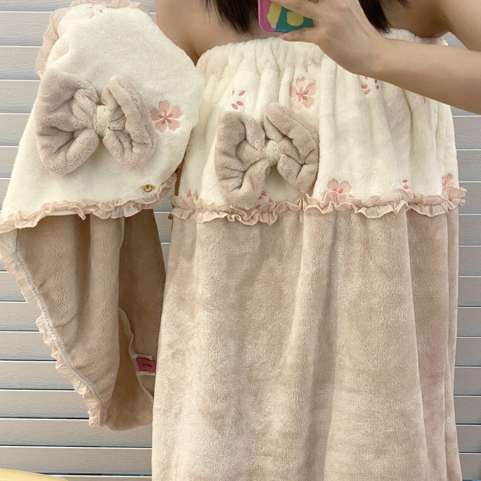 可爱花边蝴蝶结樱花浴裙家用宿舍可穿式浴巾浴袍珊瑚绒吸水日式女