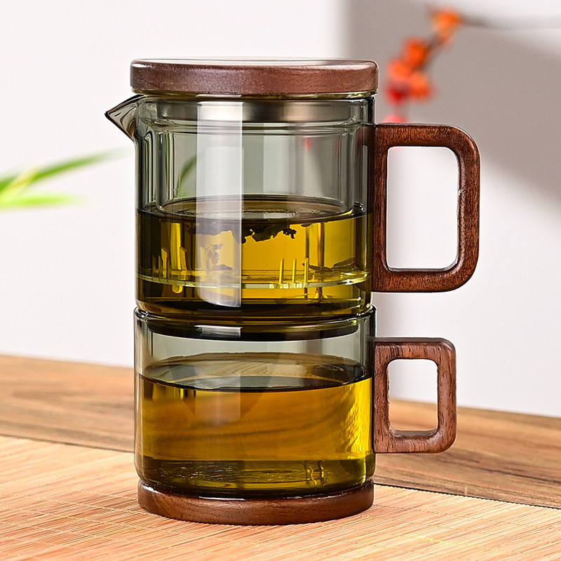 茶杯茶水分离高档个人专用一壶一杯玻璃家用木把泡茶杯花茶杯子