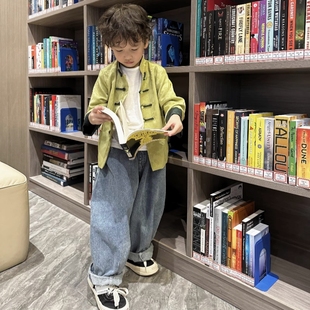 新中式 新款 男女宝汉服小清新时髦撞色上衣提花童外套 春装 男童唐装