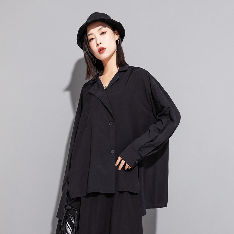 山本耀司暗黑设计师原创宽松中长款不规则下摆单排扣翻领长袖衬衫