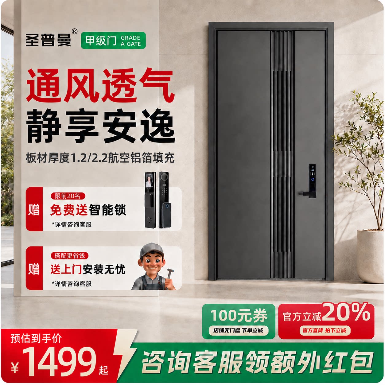 圣普曼4级通风智能防盗入户门