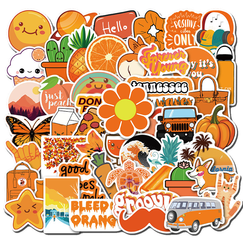 50张入橙色ins风小清新涂鸦贴纸个性行李拉杆箱水杯滑板防水贴画