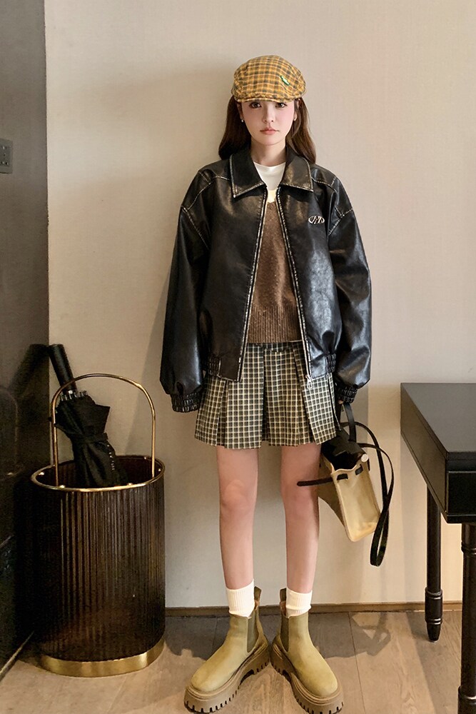 复古美式黑色机车服短外套女春秋2025超火好看高级小众皮夹克上衣,女装皮衣,2C298