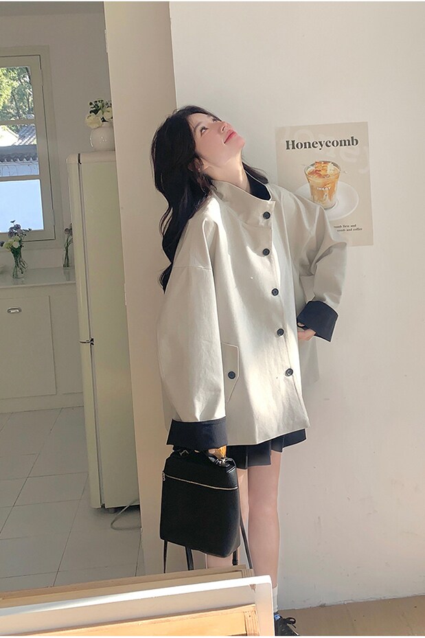 2025拼色领袖口休闲娃娃风风衣短外套w373-P155K238,女装风衣,2C298