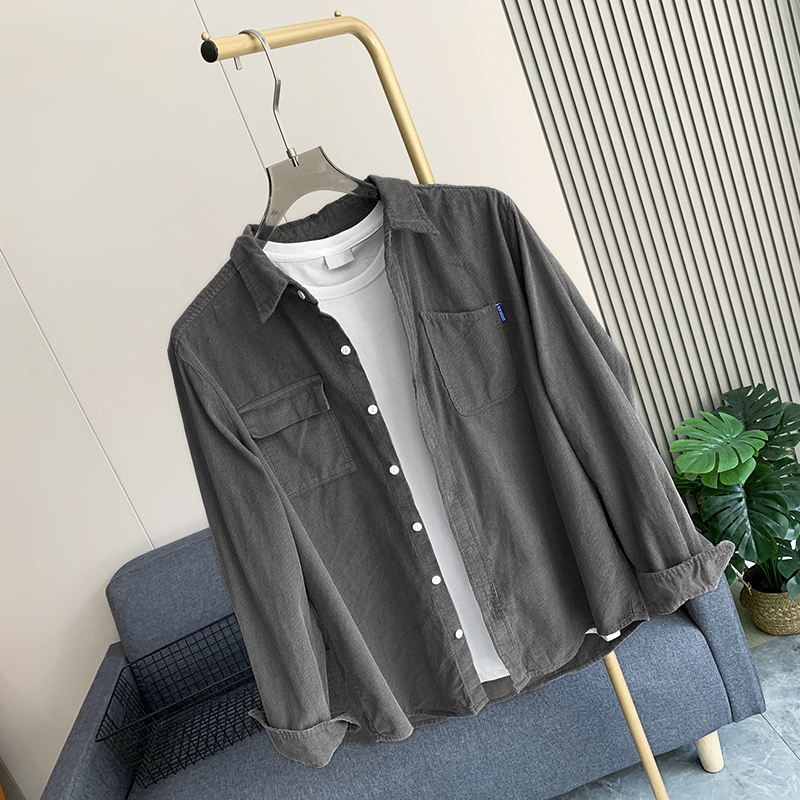 柔软灯芯绒 春秋灰色青年男士简洁宽松休闲长袖衬衫衣A2851