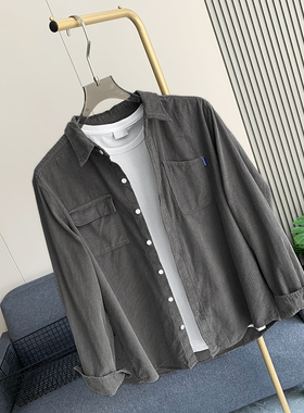 柔软灯芯绒 春秋灰色青年男士简洁宽松休闲长袖衬衫衣A2851