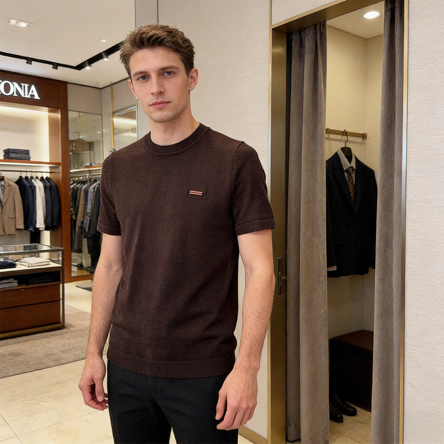 高端伊力特针织 时尚小标春季男士打底圆领短袖T恤B4018