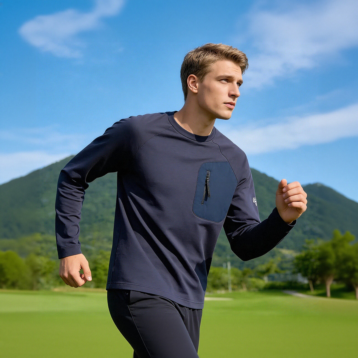 弹力透气速干 内里薄绒 YK拉链 春季男士休闲圆领运动T恤X0102