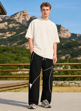 山系户外风 哈苏线拼接裤子 夏季明线男女士宽松阔腿运动裤 Y2360