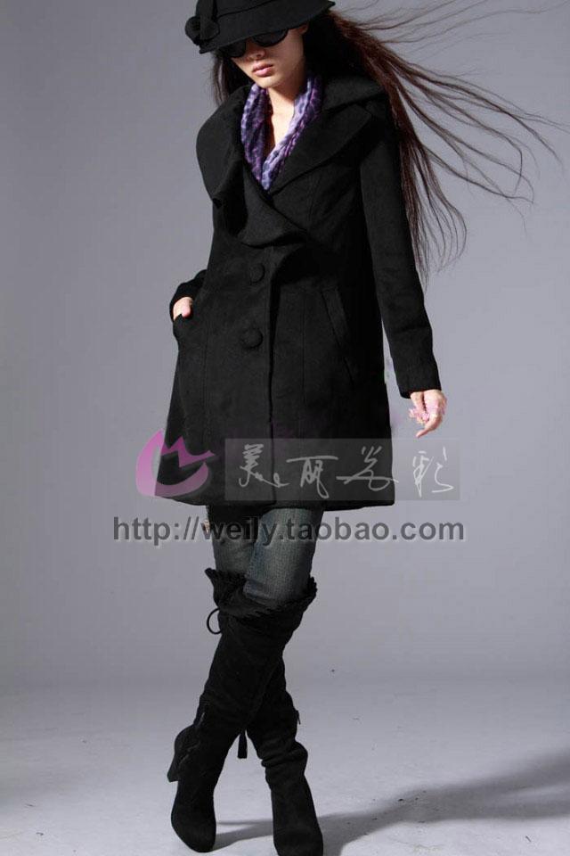 时尚年代韩版荷叶边仿羊绒呢大衣