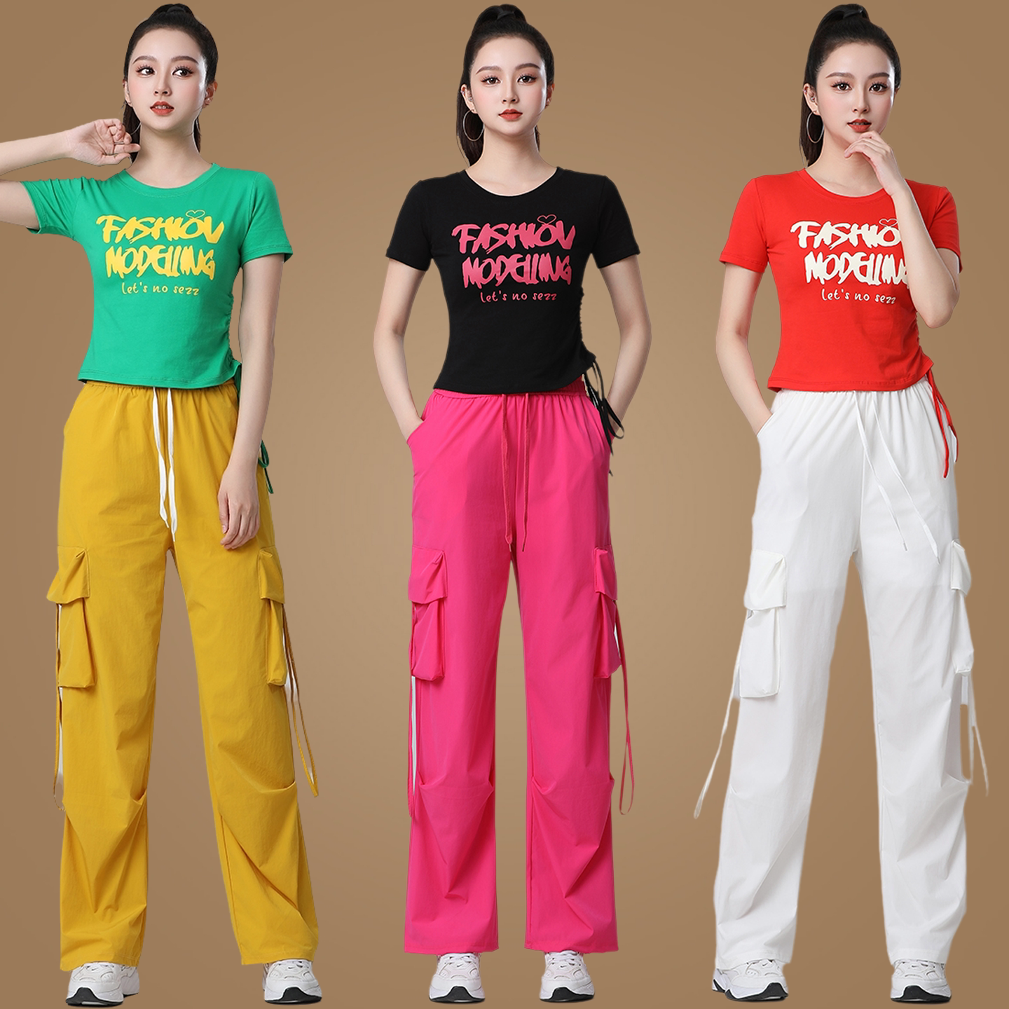 健身薄款工装裤春夏季新款运动舞蹈服广场舞服装套装女短袖跳舞衣