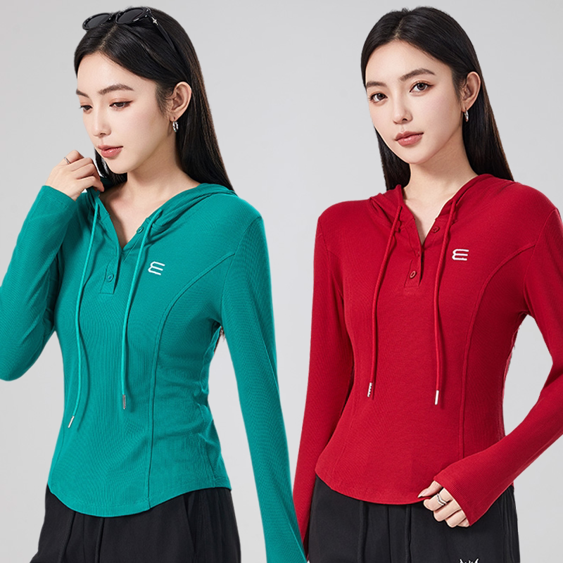 时尚新款连帽T恤休闲百搭修身跑步运动上衣跳舞广场舞服装女多色
