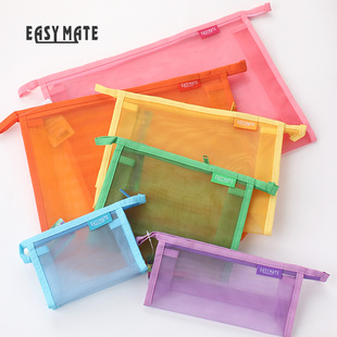香港Easymate易事美彩色半透明单层加宽大容量收纳网纱学生拉链袋