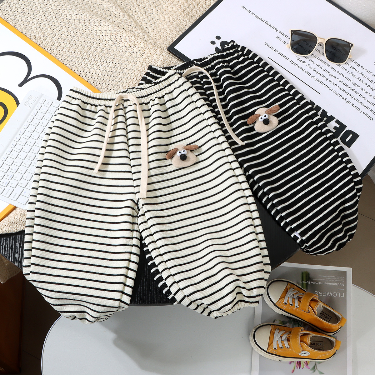 儿童春秋款男女童裤子雪绒条纹裤