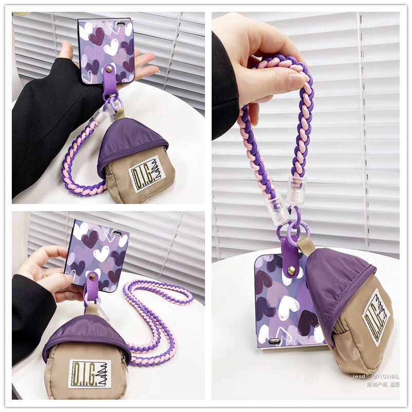 日韩ins满屏紫色爱心适用荣耀MagicVFlip手机壳卡通可爱迷你包包magic v flip小折叠屏保护套可斜挎背带挂绳