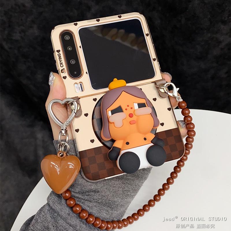 复古卡通爱心格纹帽子哭娃磁吸支架适用荣耀MagicVFlip2华为Pocket2/s折叠屏novaFlip新款PuraX典藏版手机壳