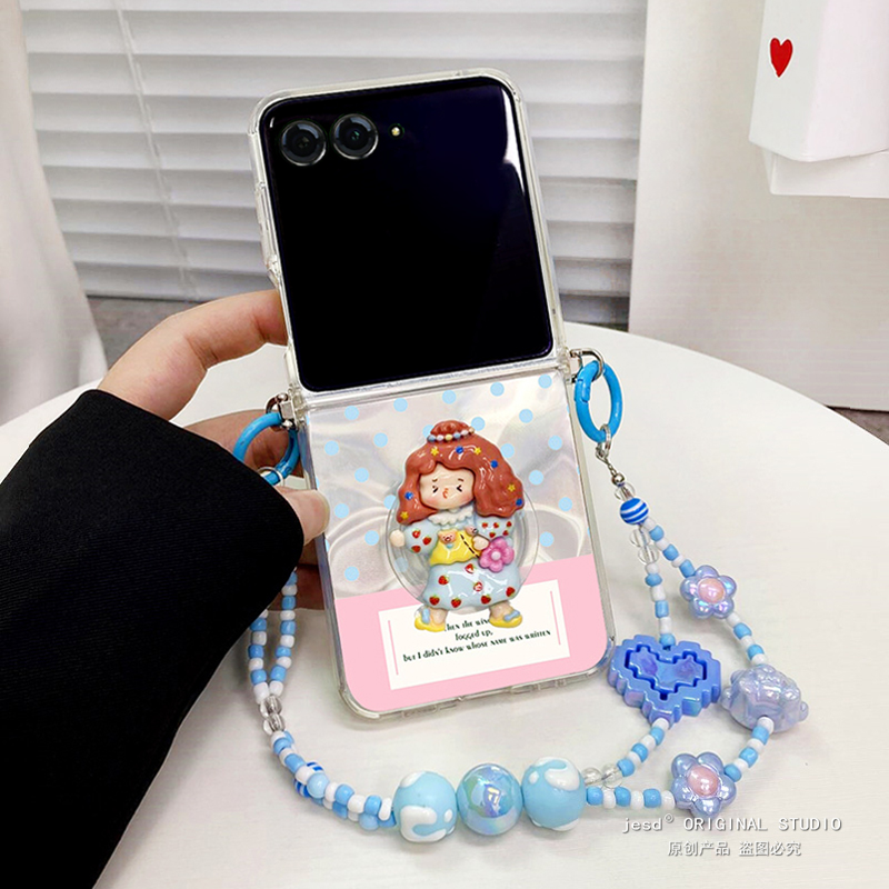 韩系奶蓝色波点支架适用摩托罗拉moto razr50ulta手机壳斜挎折叠屏Razr50Ultra保护套软壳防摔razr50新款挂绳