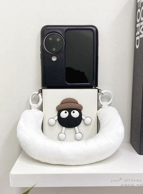 日韩网红创意立体黑色煤球适用oppofindn3flip手机壳皮质OPPO新款折叠屏FindN2Flip保护套女款卡通手提手机套