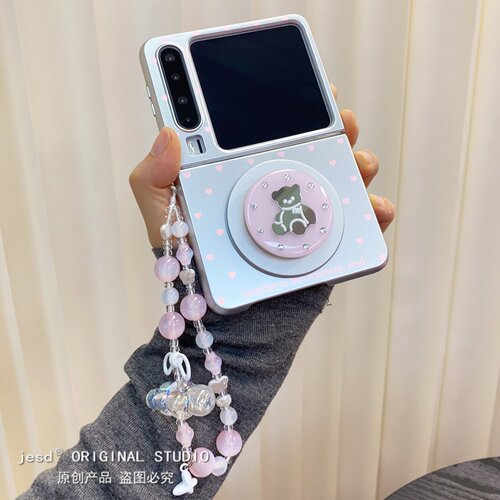 高级感哑光银适用三星zflip8折叠屏purax手机壳华为pocket2小米Mixflip2立体小熊镜面磁吸支架vflip2硬n3flip