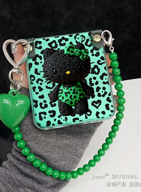 可爱少女心古早绿色豹纹KT猫适用摩托罗拉razr50手机壳razr60ultra新款Moto硬razr50ultra保护套斜挎挂绳