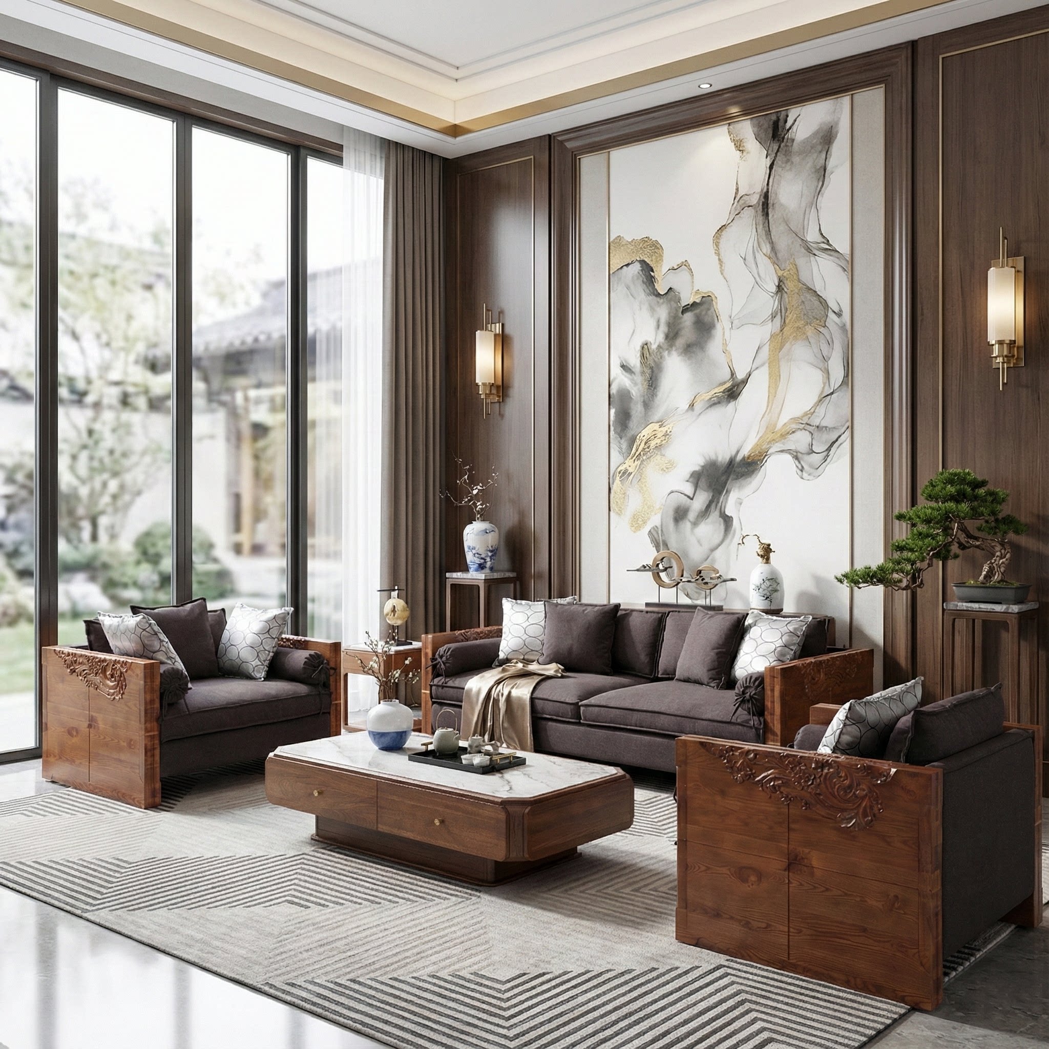 筑家东南亚实木沙发组合现代中式客厅木质家具槟榔色泰式禅意沙发