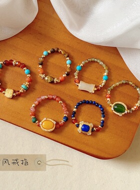 新中式古风天然石蜜蜡和田玉戒指女小众高级感弹力串珠指环食指戒