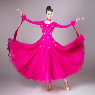 新款羽毛交谊舞裙摩摩登舞连衣裙交谊舞大摆镶钻华尔兹国标舞舞裙
