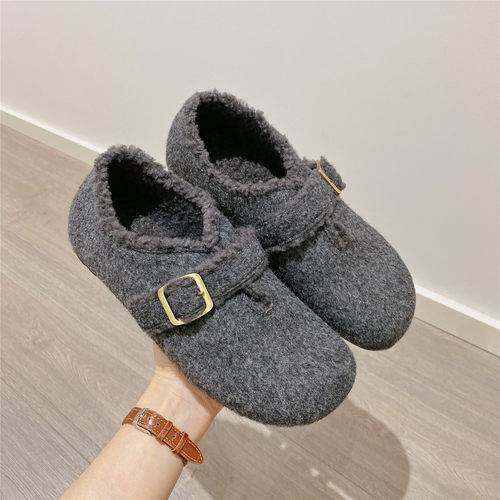 复古软底搭扣加绒毛毛鞋单鞋女2025冬季新款乐福鞋棉鞋平底豆豆鞋