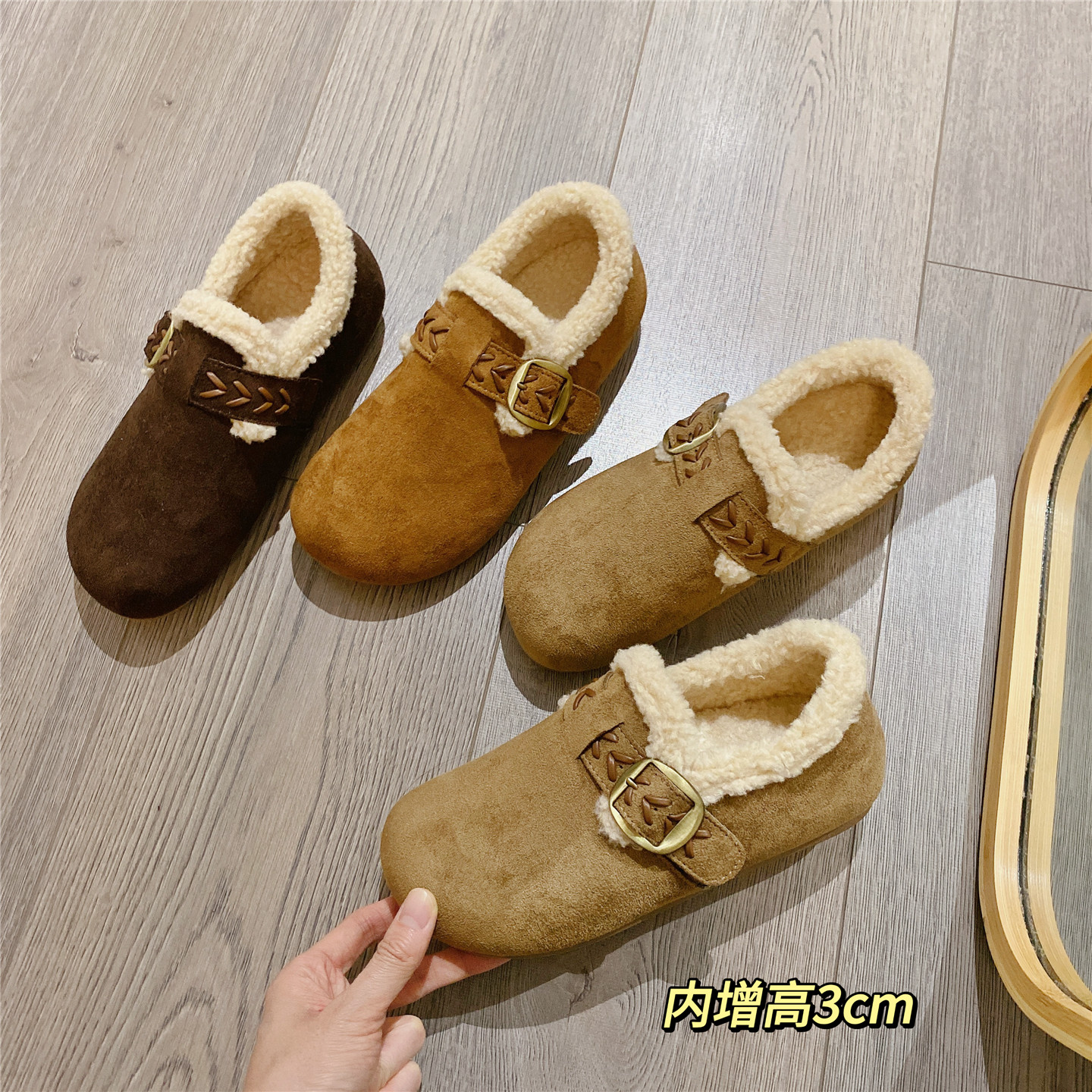 复古搭扣毛毛鞋加绒勃肯鞋女2025冬季新款厚底内增高单鞋保暖棉鞋