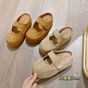 复古魔术贴勃肯鞋包头半拖女2026春季新款韩版内增高厚底松糕拖鞋