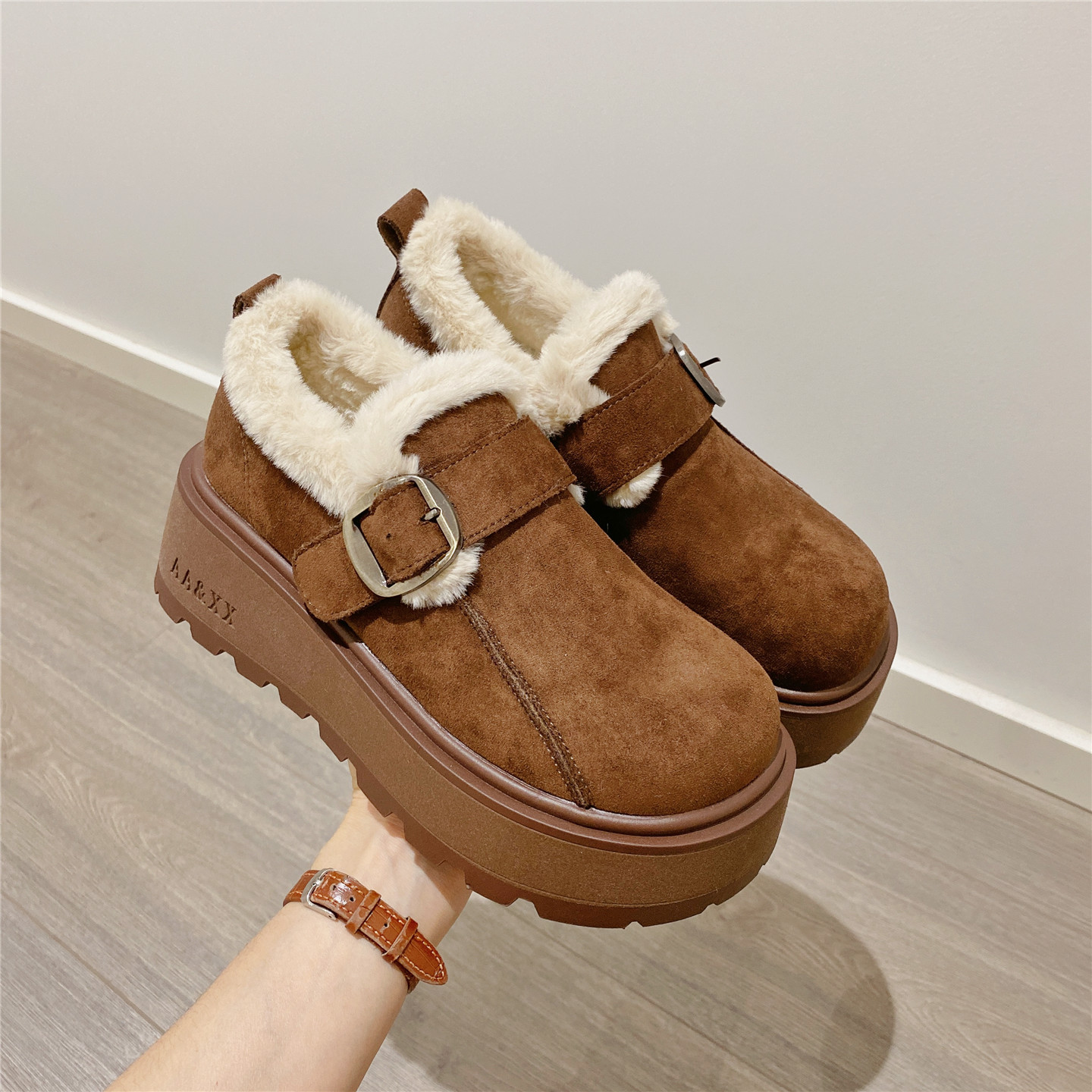 复古搭扣毛毛鞋加绒勃肯鞋女2025冬季新款厚底松糕单鞋保暖棉鞋