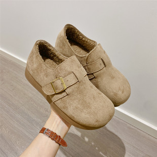 女乐福鞋 厚底百搭单鞋 2025冬季 新款 女 复古毛毛鞋 加绒棉鞋 勃肯鞋