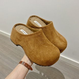 拖鞋 加绒包头半拖女外穿2025秋季 内增高懒人厚底松糕鞋 韩版 女 新款