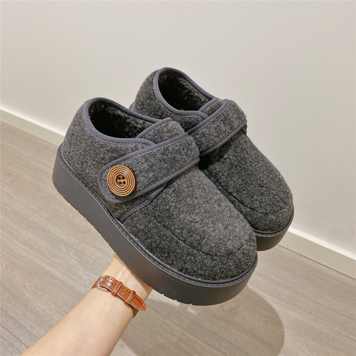 复古毛毛鞋加绒保暖魔术贴单鞋女2025冬季新款厚底松糕棉鞋豆豆鞋,女鞋,深口单鞋,淘宝优惠券,粉丝福利购,淘宝优惠卷