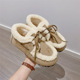新款 女2025冬季 韩版 软底平底棉鞋 女 毛毛鞋 豆豆鞋 系带加绒保暖单鞋