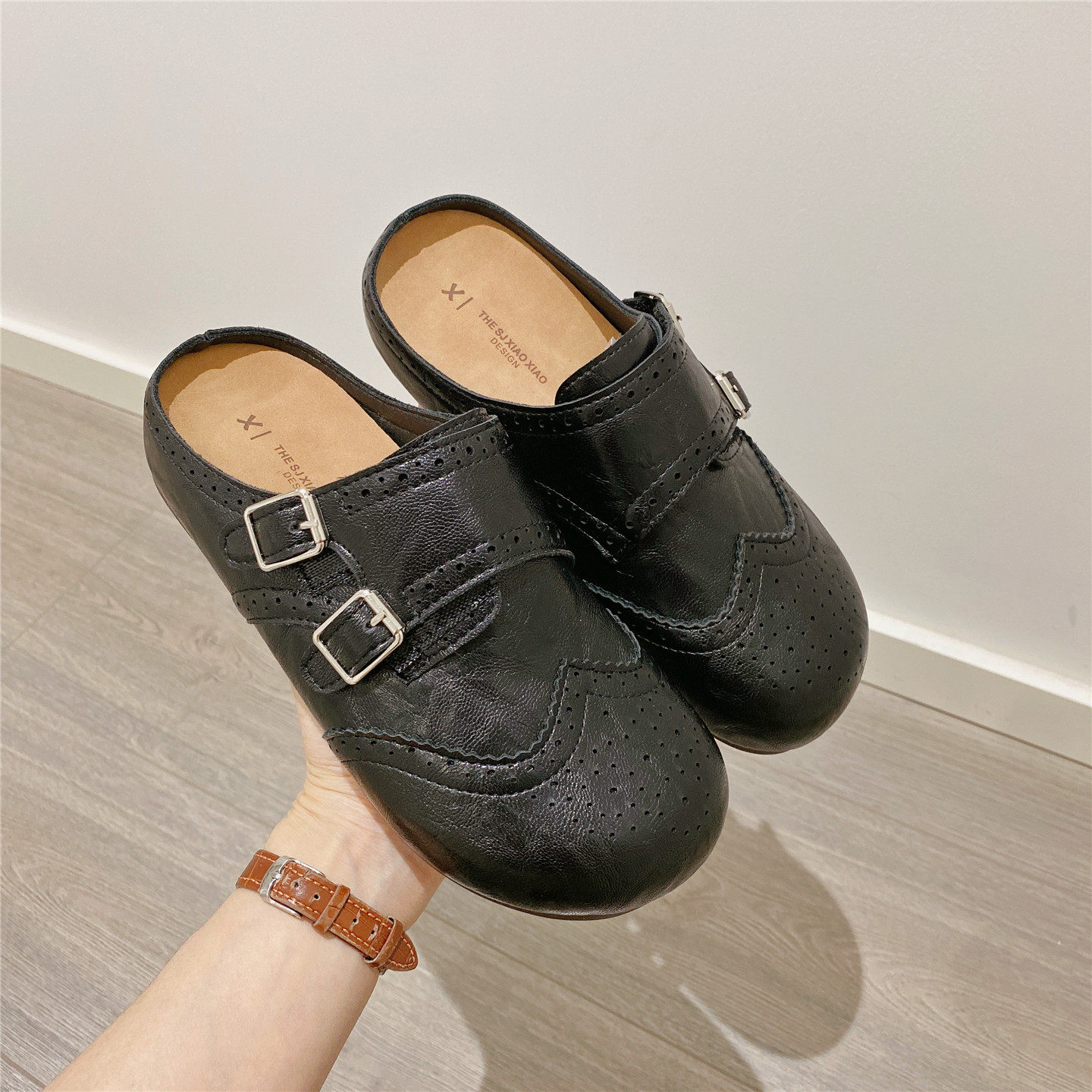 复古搭扣勃肯鞋皮面包头半拖女2026春季新款韩版厚底松糕拖鞋女鞋,女鞋,包头拖,淘宝优惠券,粉丝福利购,淘宝优惠卷