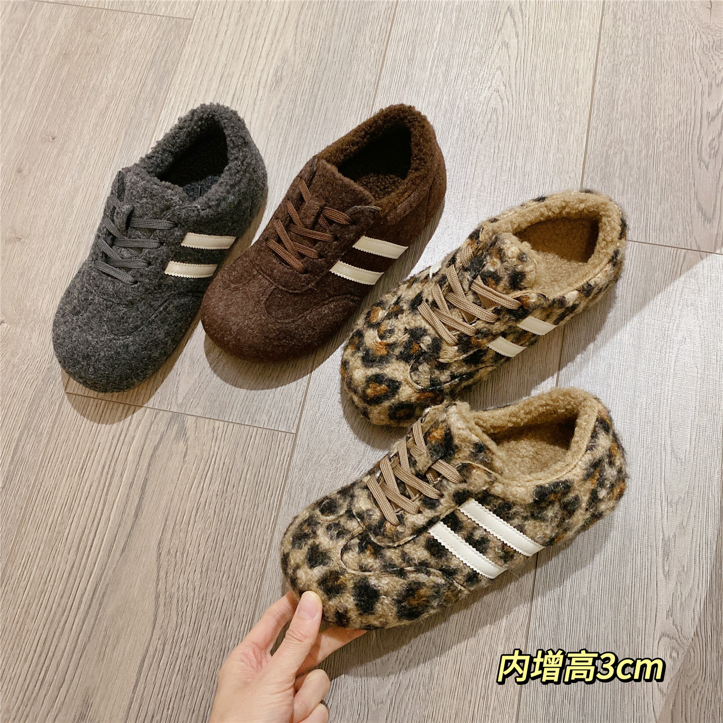 复古系带内增高毛呢加绒灰色得训鞋女2025冬季新款勃肯棉鞋毛毛鞋