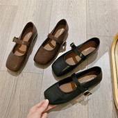 女2025夏季 新款 韩版 仙女风搭扣方头单鞋 软底舒适平底浅口豆豆鞋 女