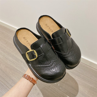 复古皮面搭扣百搭包头半拖女2026春季新款内增高厚底松糕拖鞋女鞋