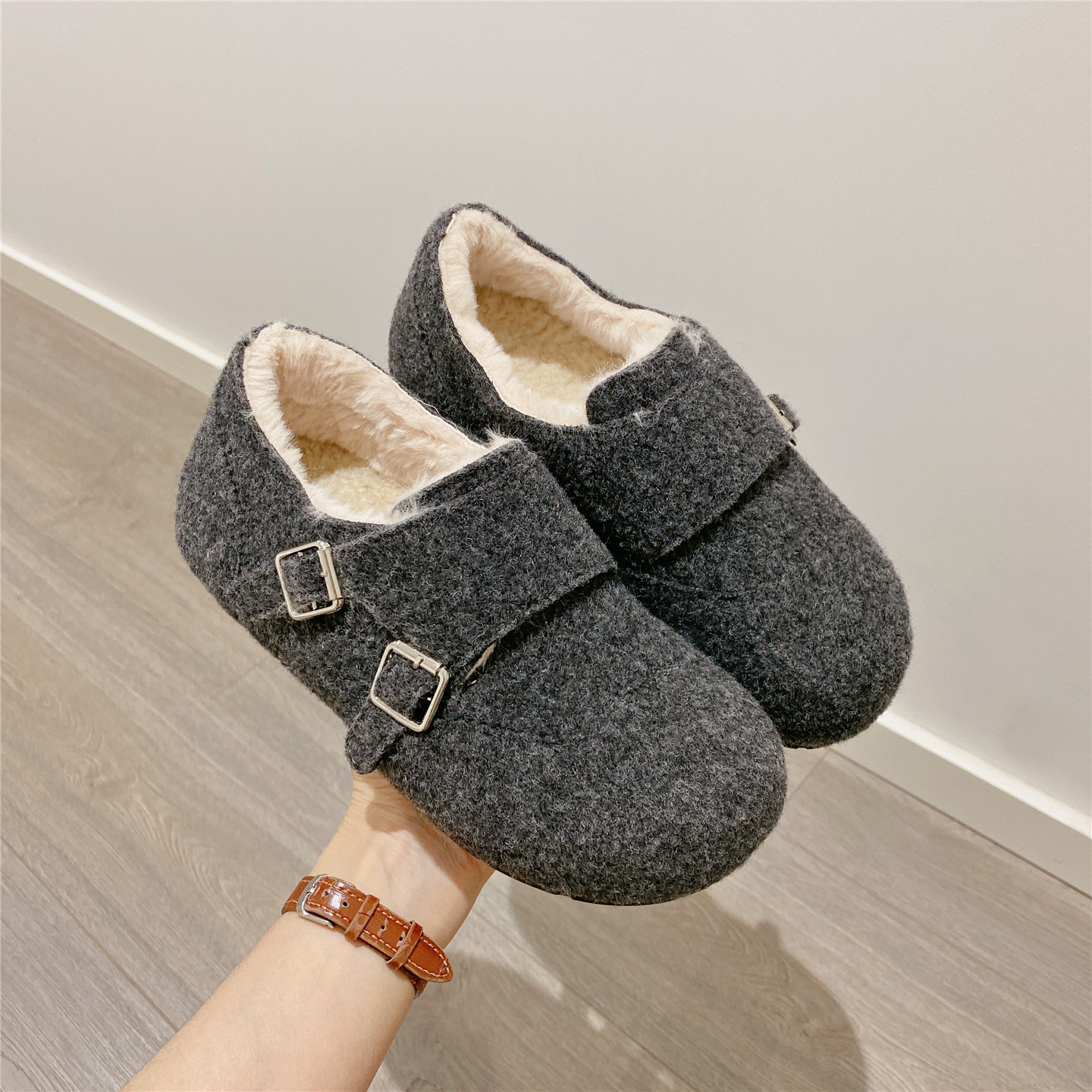 复古毛毛鞋保暖厚底勃肯鞋女2025冬季新款韩版加绒内增高单鞋棉鞋