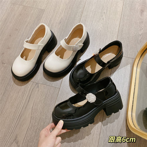 玛丽珍鞋水钻魔术贴小皮鞋单鞋女2026新款韩版浅口厚底松糕乐福鞋