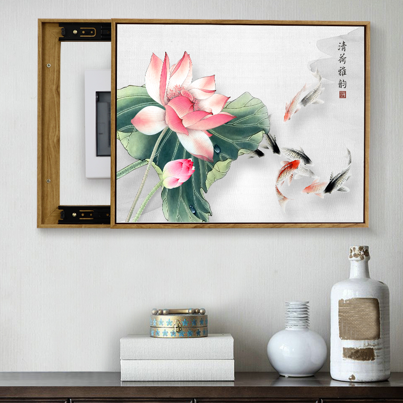 新中式电表箱装饰画九鱼图可推拉配电箱遮挡电闸开关盒子壁画荷花