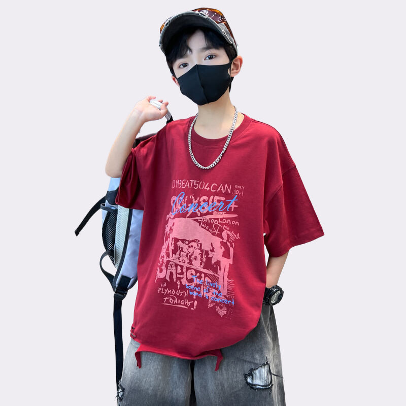 男童短袖T恤红色字母破洞落肩袖圆领韩式大儿童夏装上衣潮流薄款