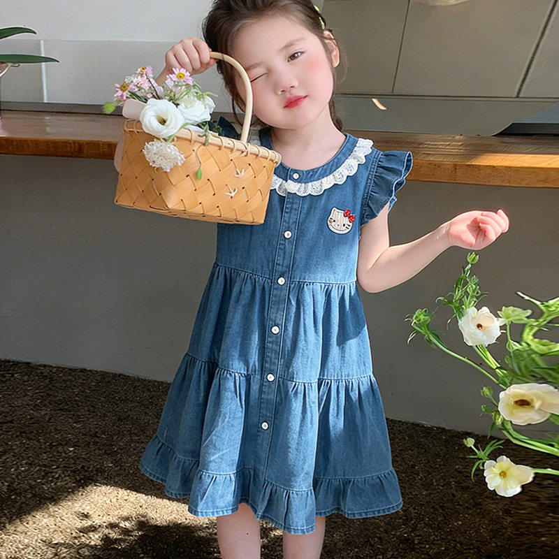 女童牛仔连衣裙夏季小花猫蕾丝单排扣儿童洋气短袖女宝可爱公主裙