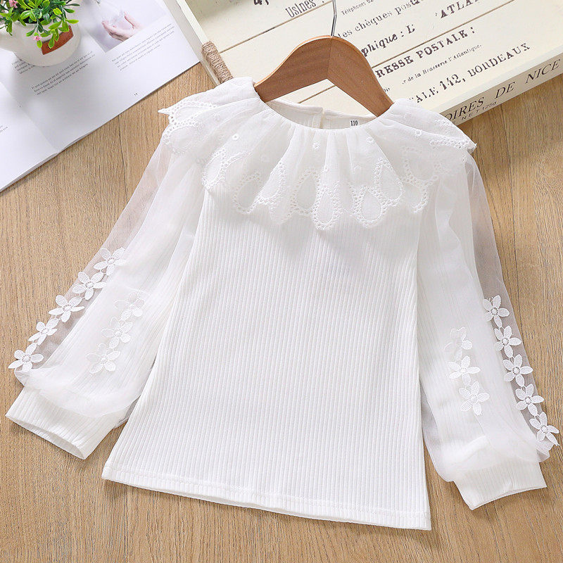女童薄款白色蕾丝花边长袖T恤打底衫条纹儿童灯笼袖公主上衣洋气