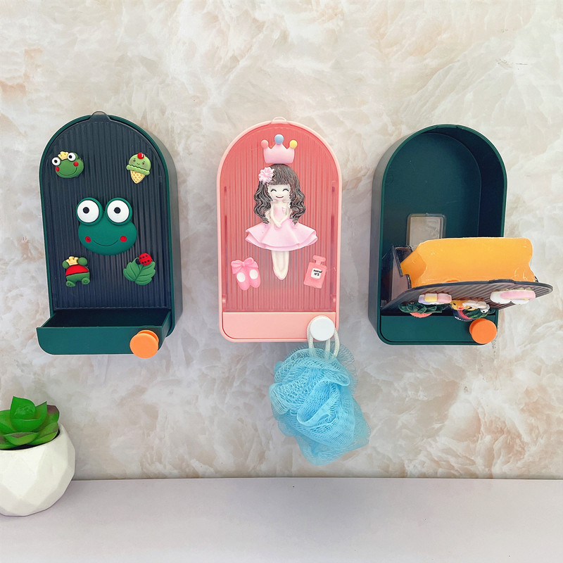 创意卡通猫肥皂盒壁挂式沥水免打孔家用卫生间带盖放香皂盒置物架